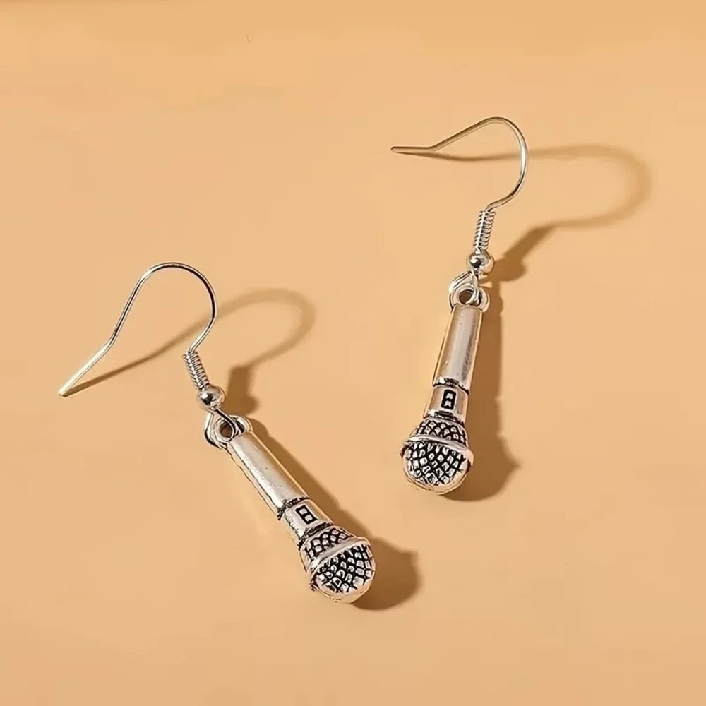 Silver Microphone‎ Drop Earrings Music Singer Karaoke Dangle Jewelry Womens